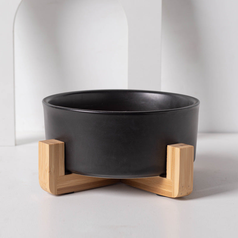 Black Ceramic Cat Food and Water Bowl with Wooden Stand Elevated Pet Feeding Dish