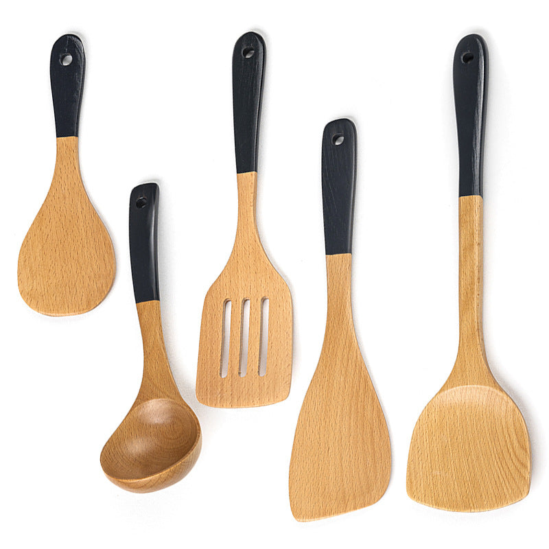Beech Wood Kitchen Utensil Set – 3-Piece or 5-Piece Wooden Cooking Tools, Black Handle Spatula, Spoon & Ladle Set
