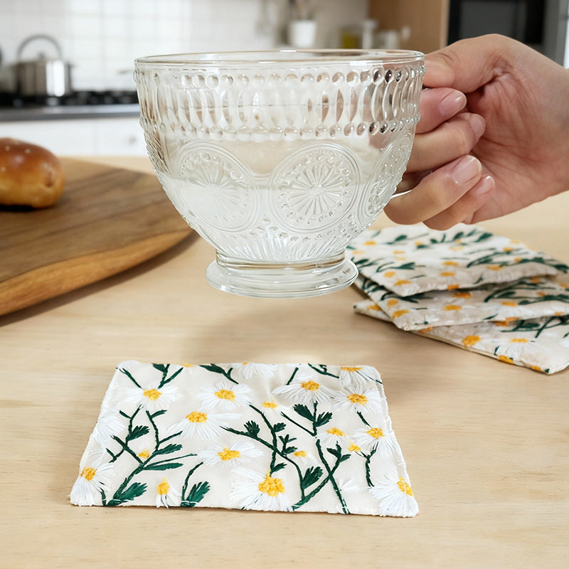 Cotton Linen Daisy Floral Coaster Square Fabric Drink Mat Tabletop Decoration