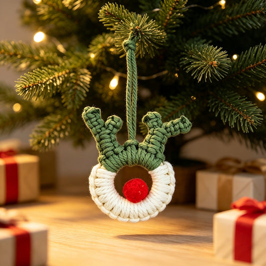 Macrame Reindeer Christmas Ornament โ Handmade Cotton Rope Hanging Decoration
