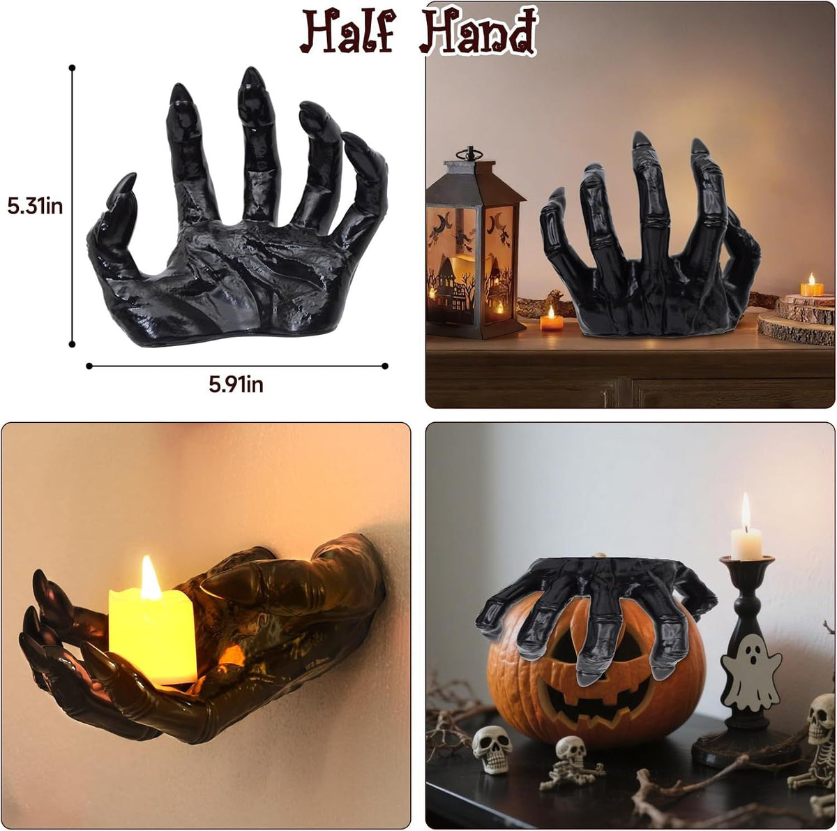 3-Piece Devil Hand Halloween Decoration – Black Vinyl Gothic Hand Candle Holders