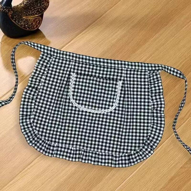 Cotton Linen Half Apron with Pocket, Vintage Gingham Kitchen Waist Apron