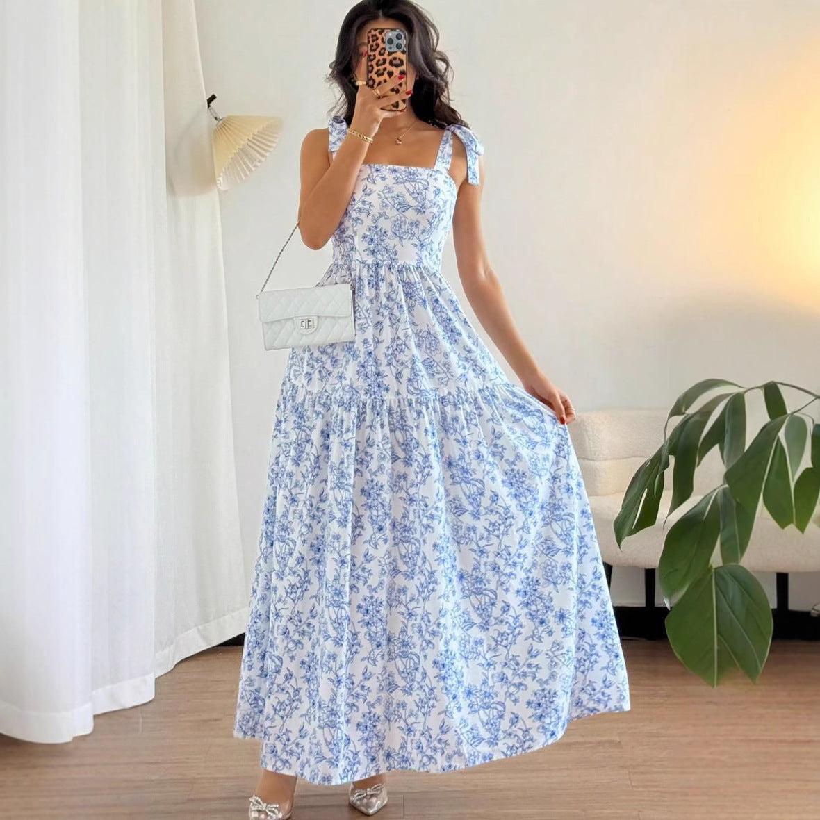 Floral Print Maxi Dress – Blue & White Spaghetti Strap Dress