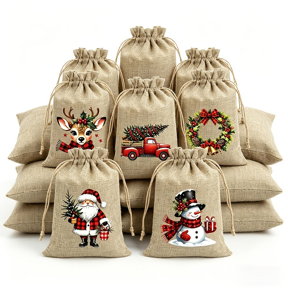 Christmas Drawstring Gift Bag Set – 5-Piece or 12-Piece Holiday Favor Bags with Festive Prints