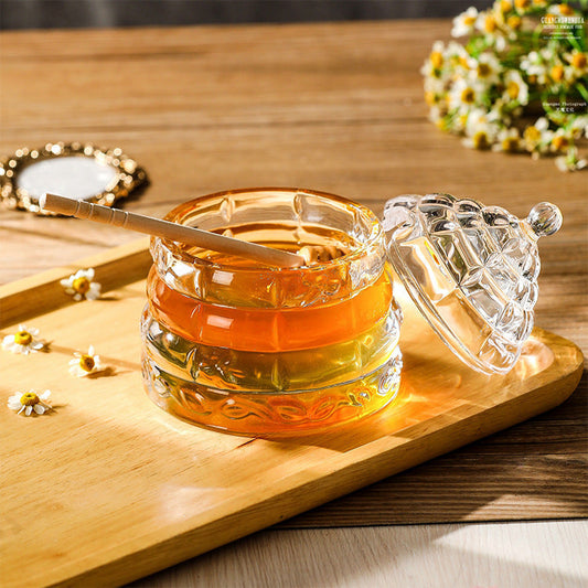 Glass Honey Jar with Wooden Dipper – Syrup & Sugar Storage Container