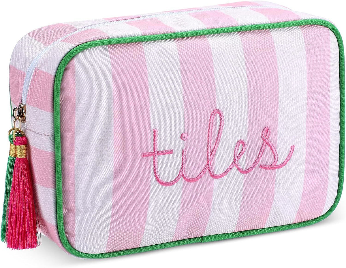 Striped Mahjong Tile Storage Bag with Embroidery and Tassel Zipper