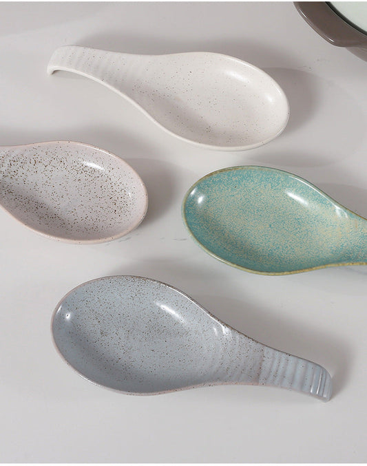 Ceramic Spoon Rest โ Speckled Pottery Spoon Holder for Kitchen Countertop & Cooking Utensils