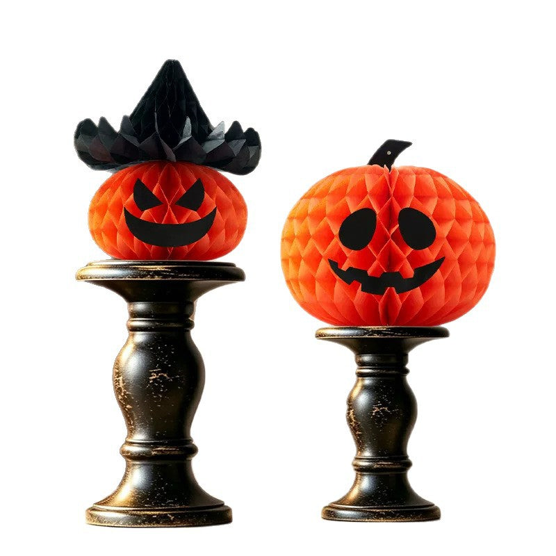Halloween Honeycomb Paper Pumpkin Decoration, Orange Jack-O-Lantern Tabletop Decor, With or Without Witch Hat