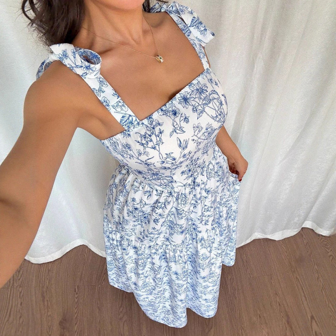 Floral Print Maxi Dress – Blue & White Spaghetti Strap Dress