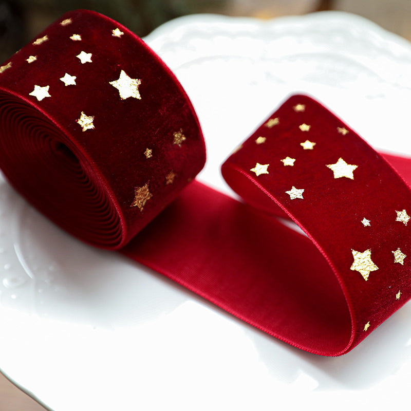 Gold Star Christmas Fabric Ribbon, 4 cm Wide for Gift Wrapping and Holiday Crafts