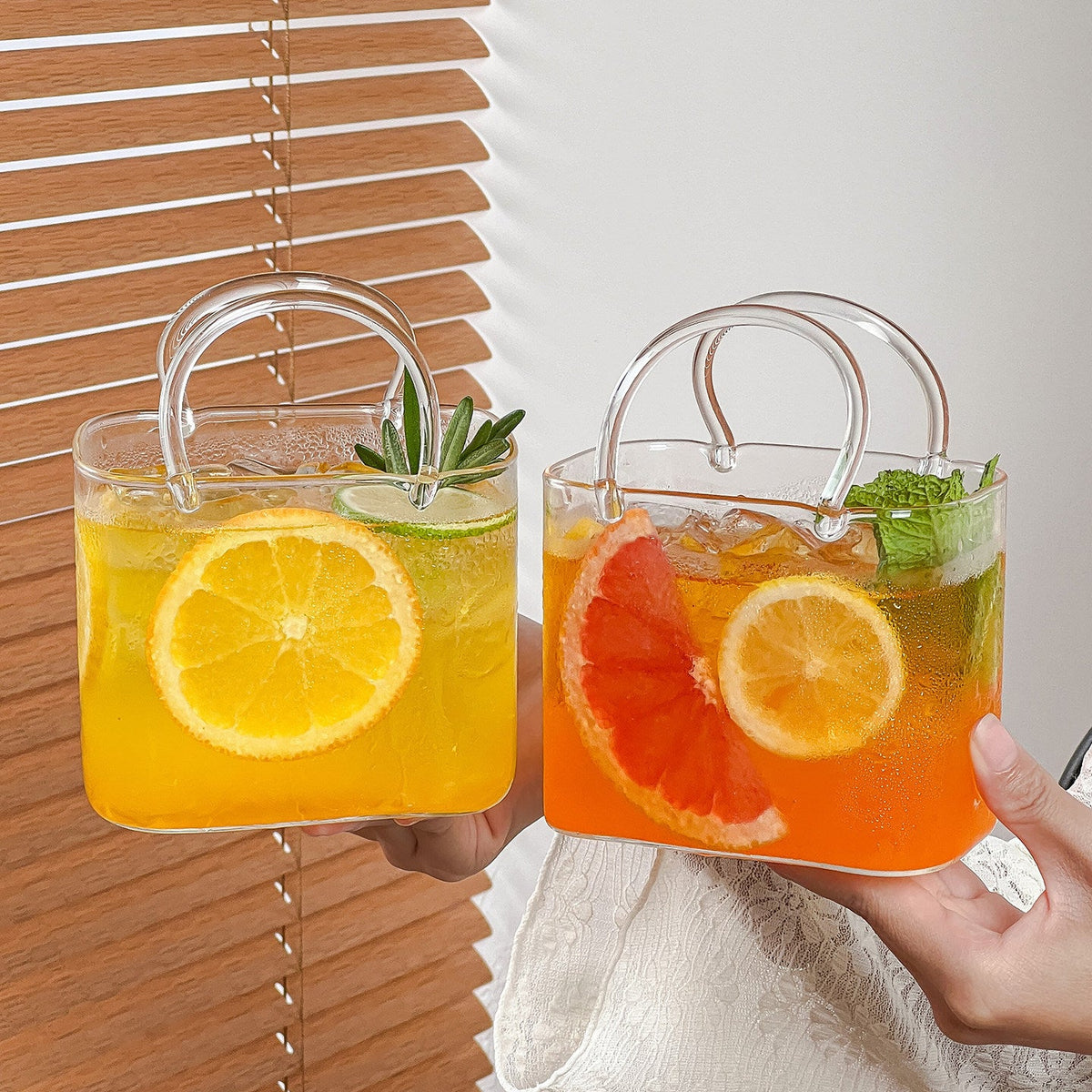 Portable Glass Cocktail Cup with Handle, Creative Summer Fruit Drink Glass