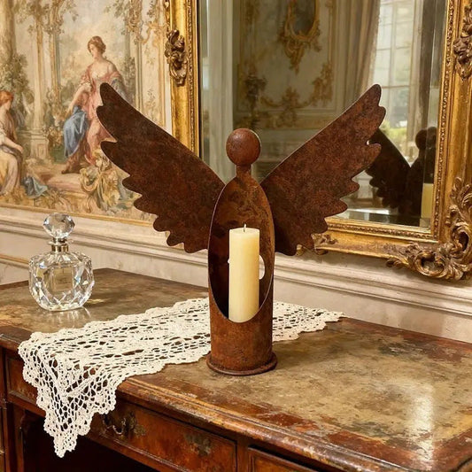Rustic Angel Candle Holder – Vintage Iron Winged Candle Stand for Christmas, Tabletop, Mantel, Fireplace, Wedding & Home Decor