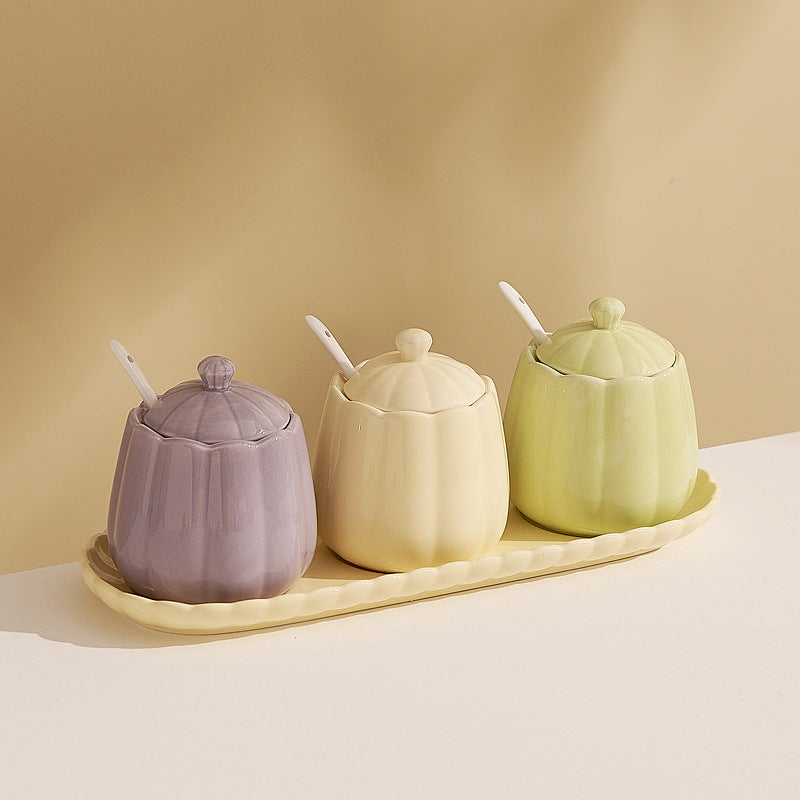 3-Piece Ceramic Condiment Jar Set with Tray and Spoons – Pastel Kitchen Seasoning Containers