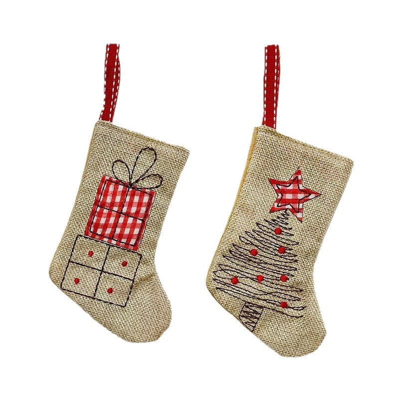 Mini Christmas Stocking Ornament – Rustic Burlap Holiday Hanging Decoration with Gift Box or Christmas Tree Design for Tree, Gift & Home Decor