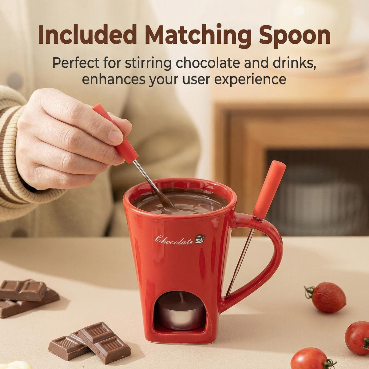Ceramic Chocolate Fondue Mug Set – Mini Cheese & Dessert Melting Cup with Tea Light Warmer and Fork, 3 Colors