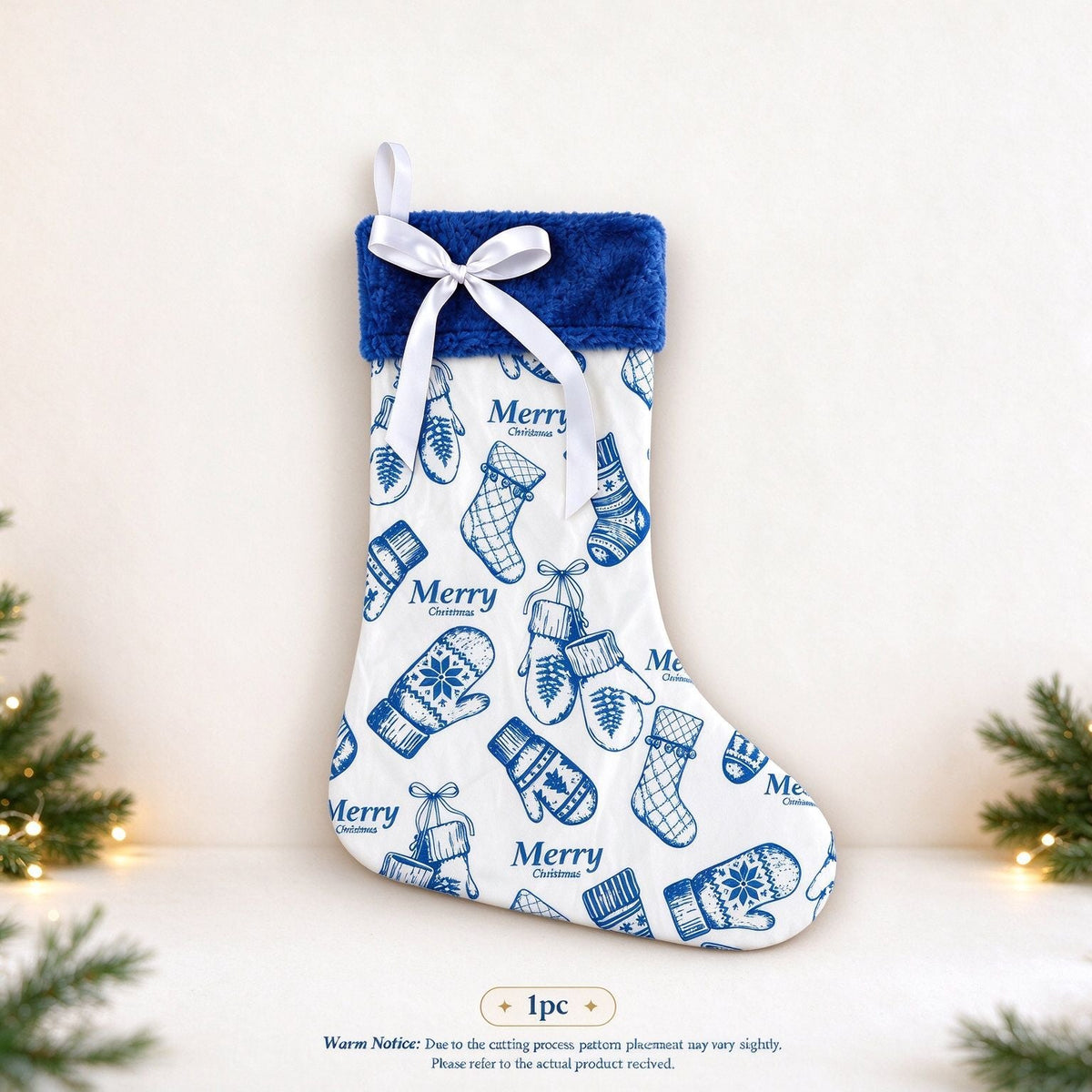Royal Blue Plush Christmas Stocking with Bow Festive Hanging Gift Bag