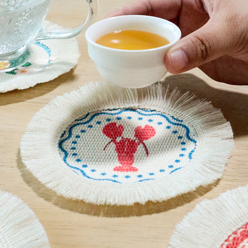 Fresh Floral Tassel Coaster, Round Fabric Mug Mat & Heat Resistant Table Protector