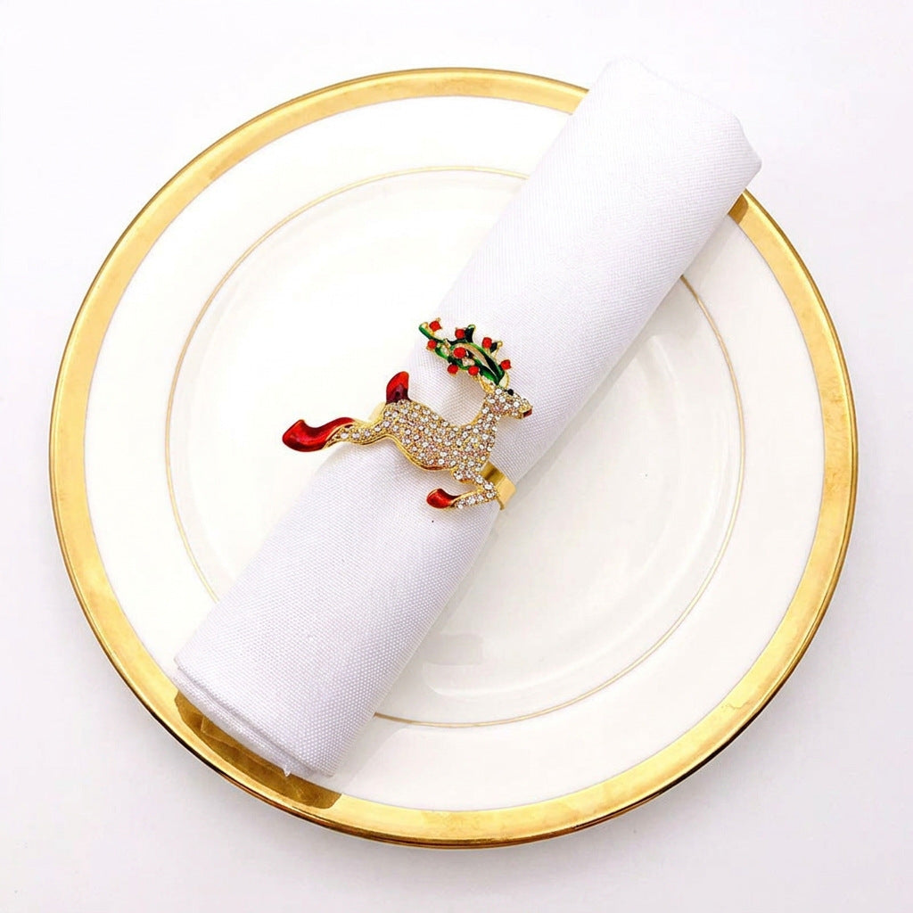 Christmas Alloy Napkin Ring – Enamel Rhinestone Decorative Napkin Holders for Holiday Table Setting
