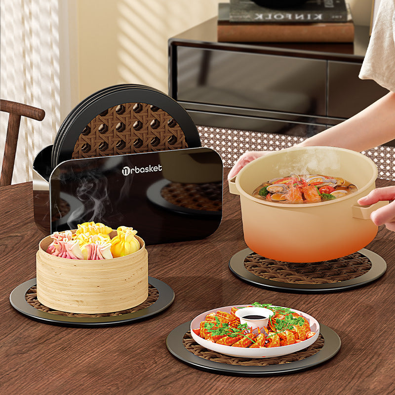 Rattan-Style Round Silicone Coaster Set with Storage Holder, 4-Piece Heat-Resistant Table Coasters