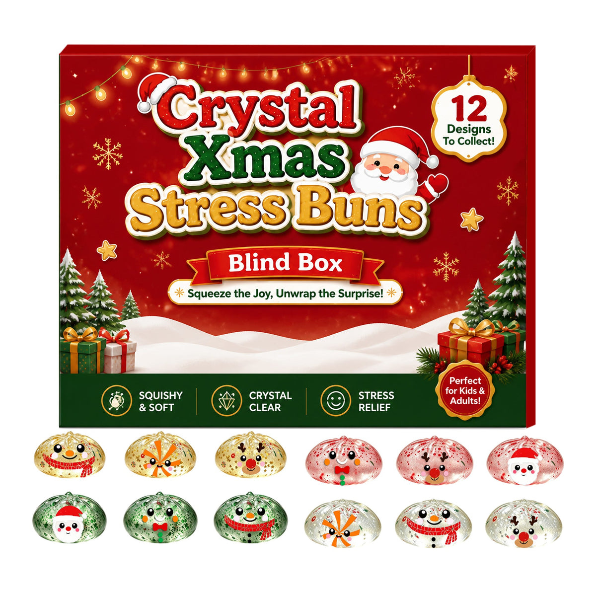 Christmas Crystal Squishy TPR Toys with Festive Designs 12 Piece Box