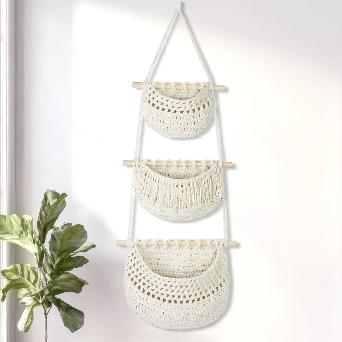 3 Tier Hanging Woven Storage Basket for Kitchen Fruits and Vegetables