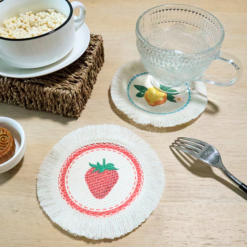 Fresh Floral Tassel Coaster, Round Fabric Mug Mat & Heat Resistant Table Protector