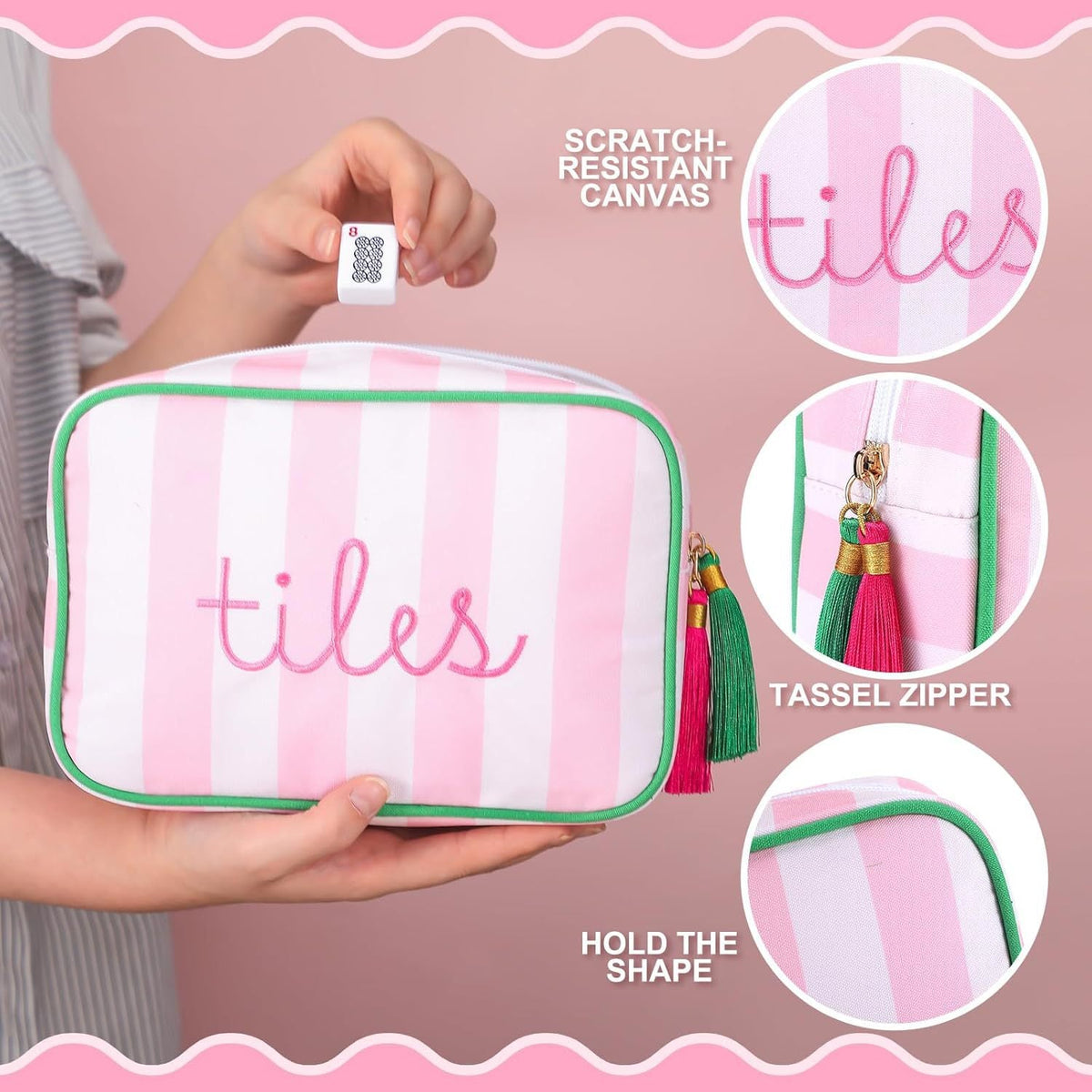 Striped Mahjong Tile Storage Bag with Embroidery and Tassel Zipper