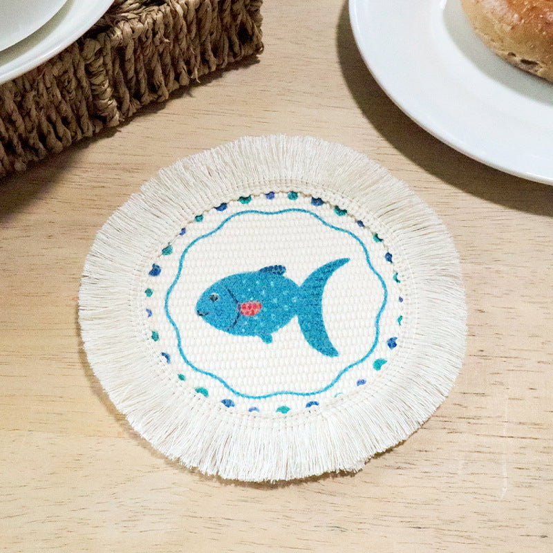 Fresh Floral Tassel Coaster, Round Fabric Mug Mat & Heat Resistant Table Protector