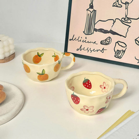 Ceramic Water Cup with Handle โ Cute Floral & Fruit Drinking Mug