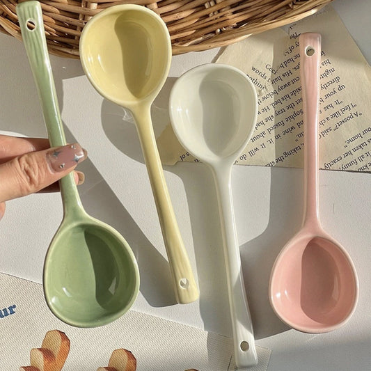 Ceramic Soup Spoon โ Long Handle Serving Spoon with Hanging Hole for Soup, Rice, Desserts & Everyday Dining