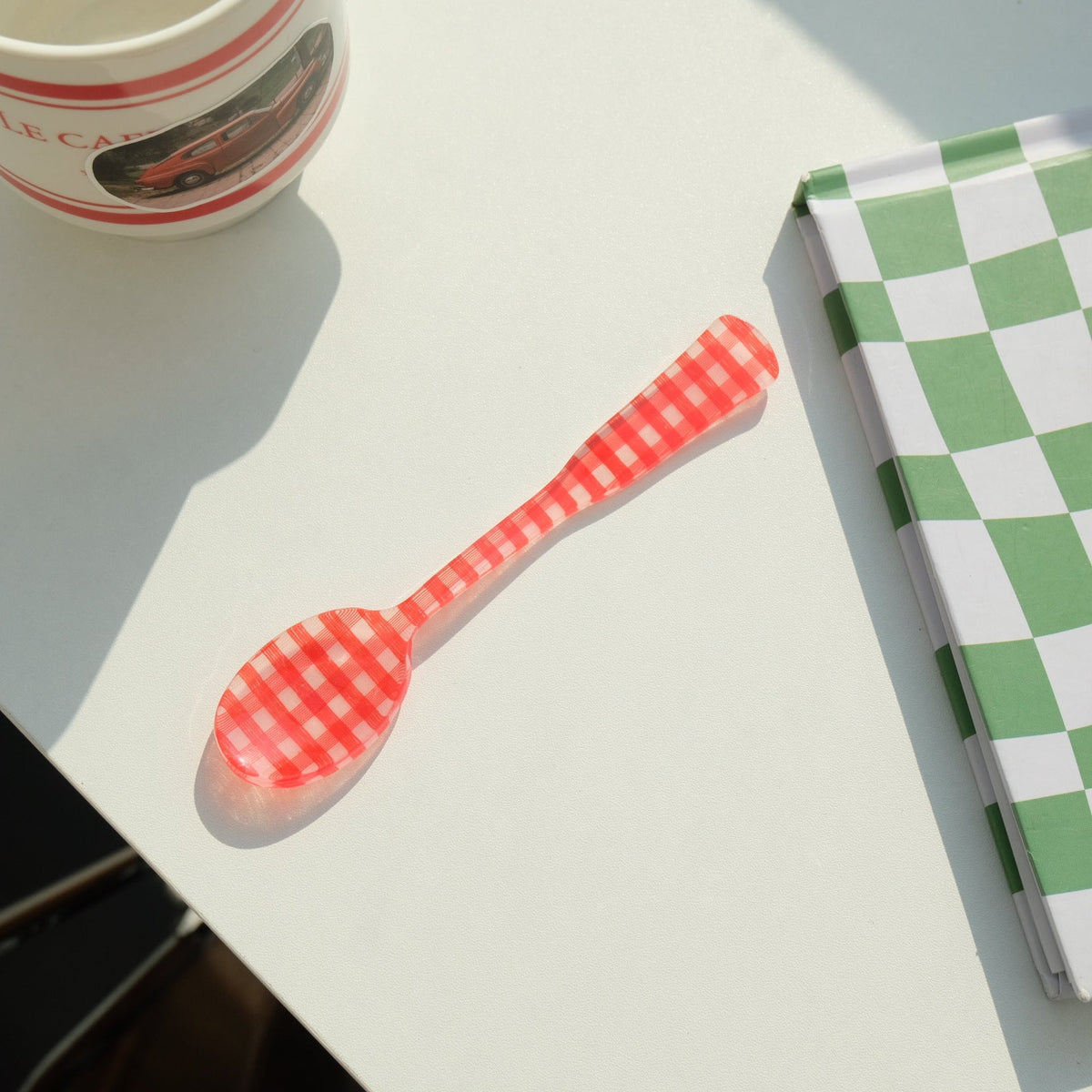 Vintage Red Gingham Dessert Fork Spoon, French Style Plastic Utensil