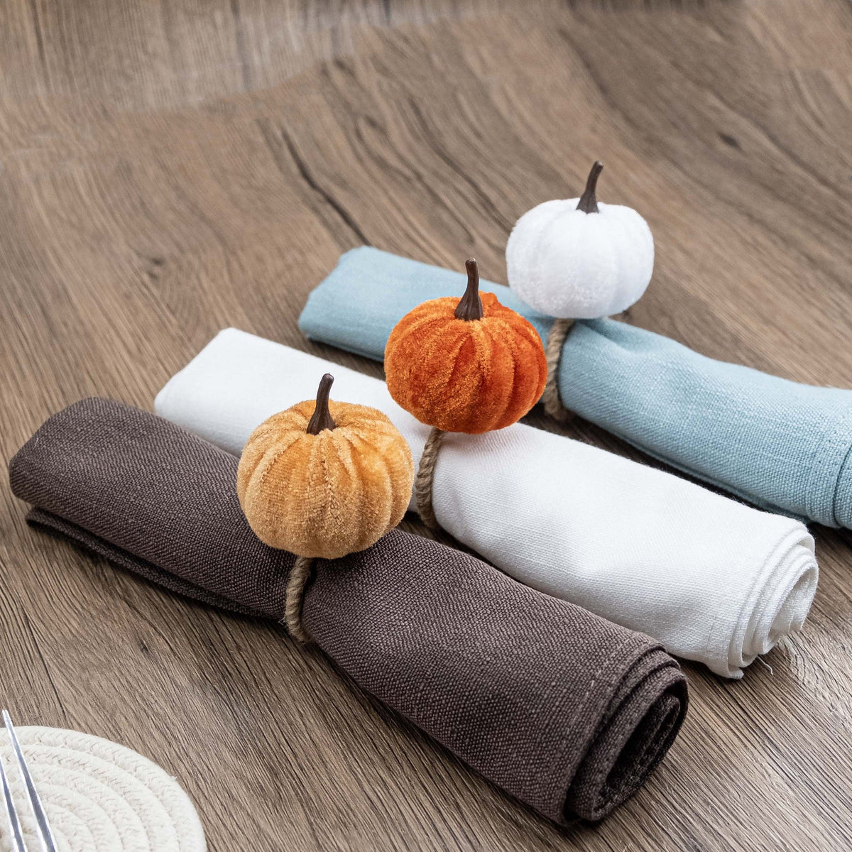 Velvet Look Pumpkin Napkin Rings for Thanksgiving Tables