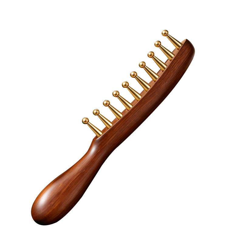 Wooden Scalp Massage Comb with Brass Teeth Rounded Metal Tooth Hair Brush