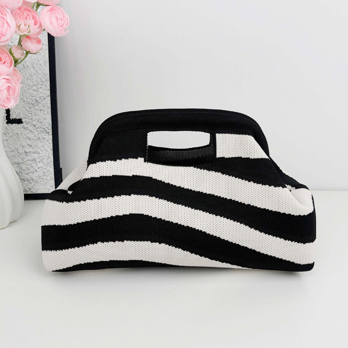 Striped Polyester Handbag with Cutout Carry Handles