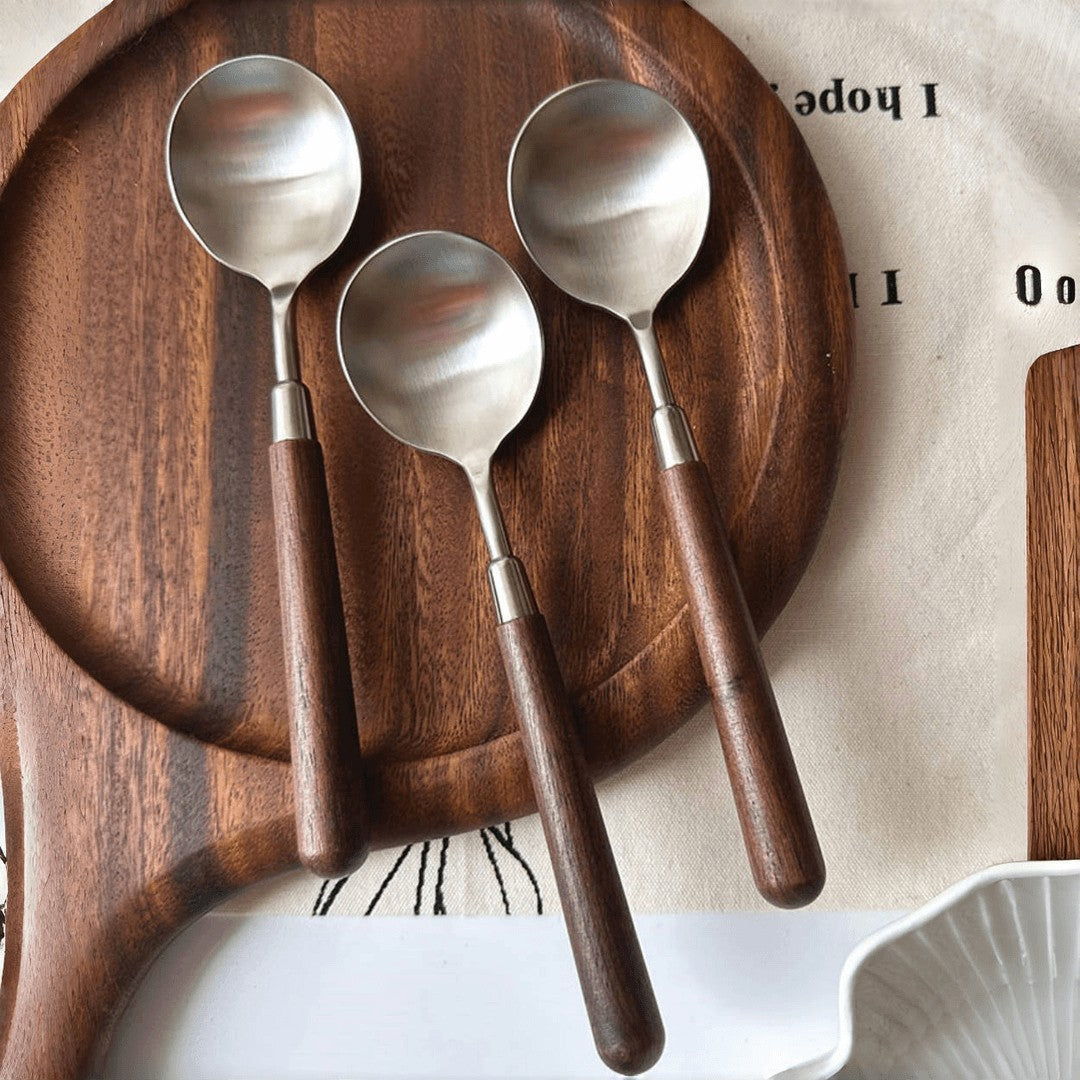 Wood Handle Stainless Steel Spoon – Rustic Table Spoon with Natural Walnut Style Handle for Coffee, Desserts & Dining
