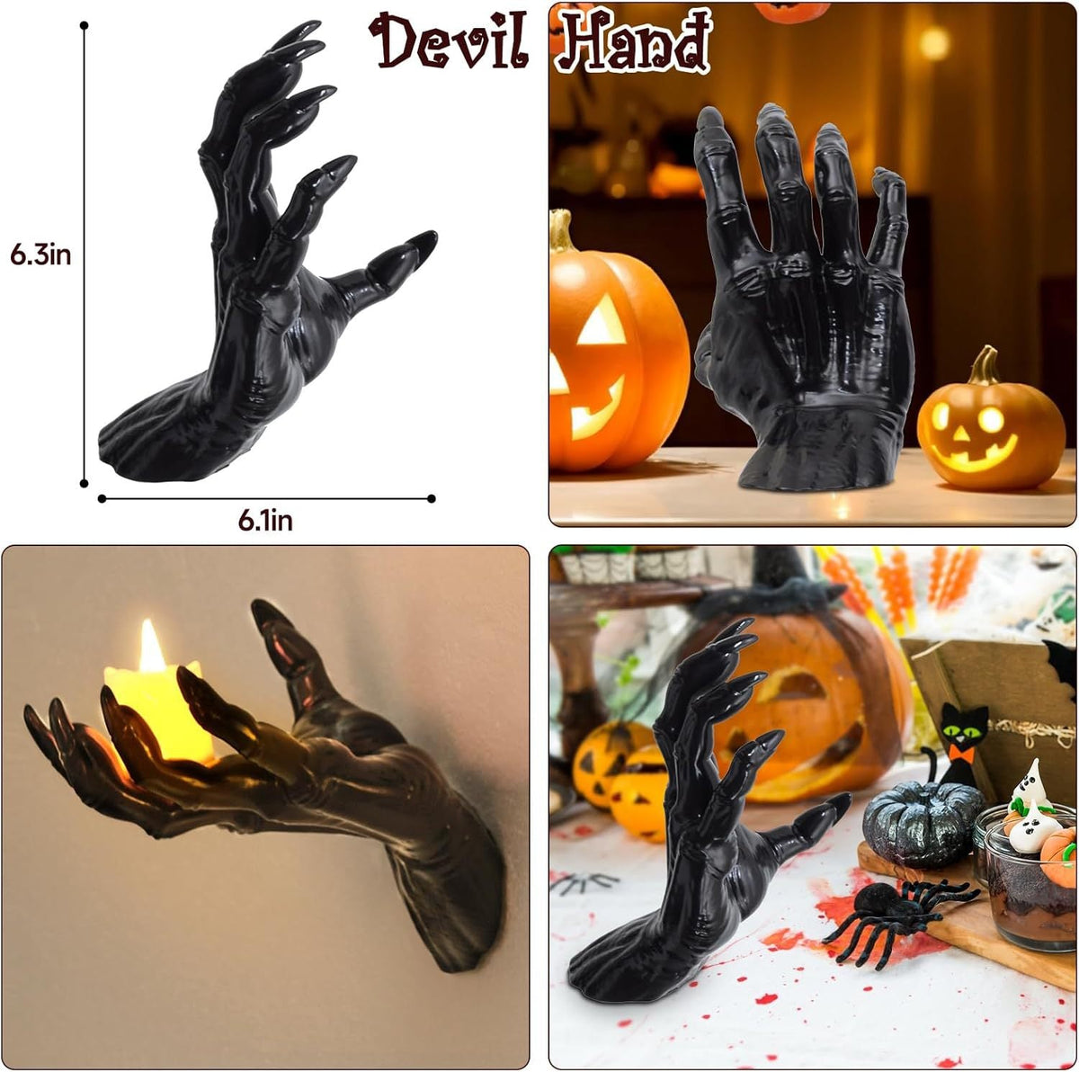 3-Piece Devil Hand Halloween Decoration – Black Vinyl Gothic Hand Candle Holders