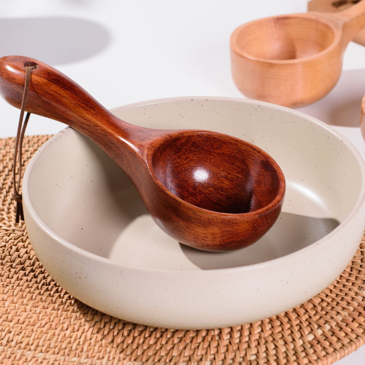 Rustic Ke Wood Soup Ladle with Aged Lacquer Finish and Hanging Cord