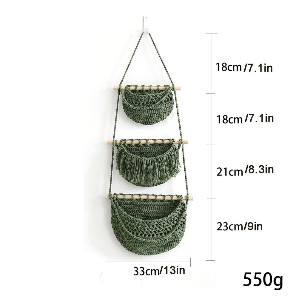 3 Tier Hanging Woven Storage Basket for Kitchen Fruits and Vegetables