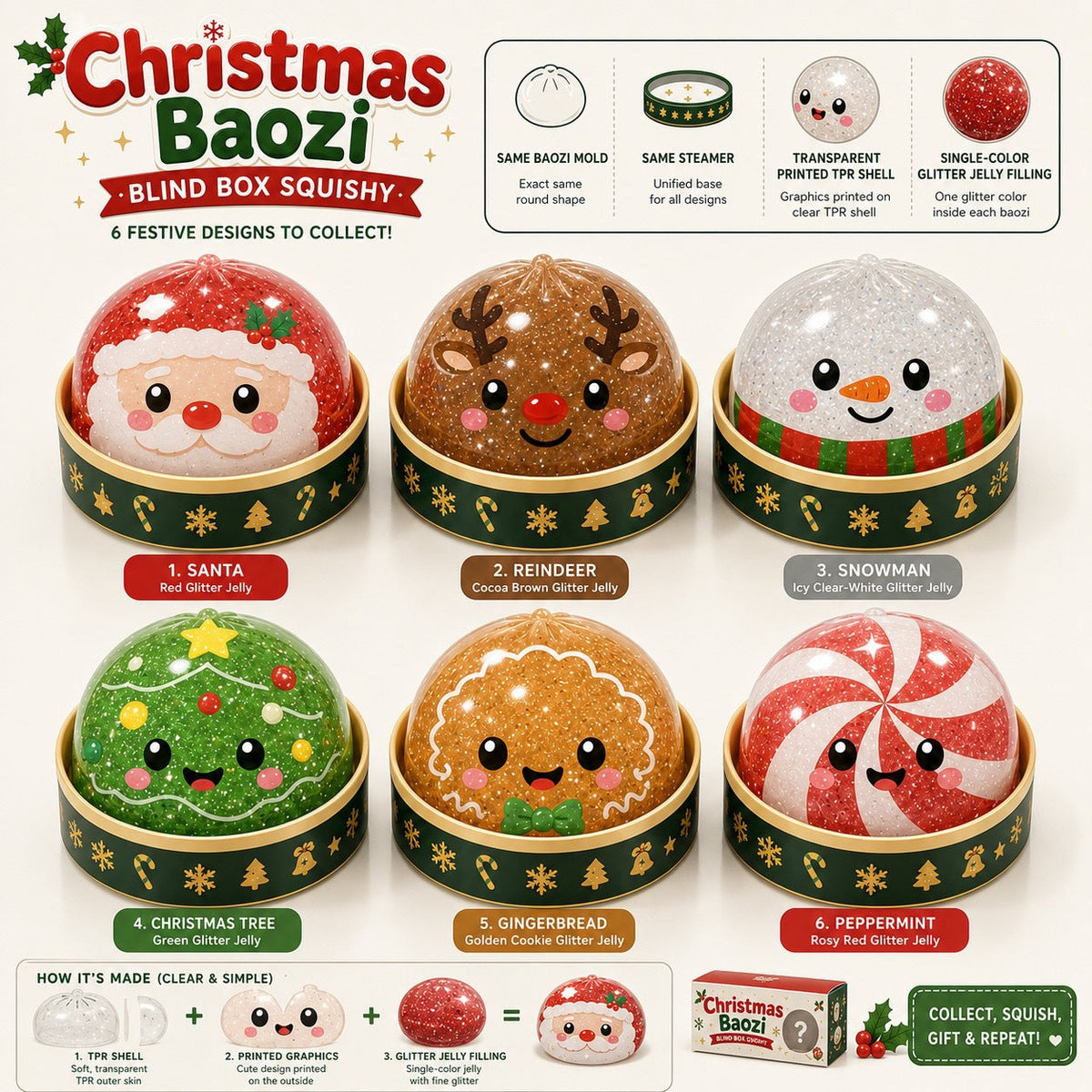 Christmas Dumpling Blind Box Squishy – Cute Holiday Stress Relief Toy for Christmas Gifts, Stocking Stuffers & Party Favors