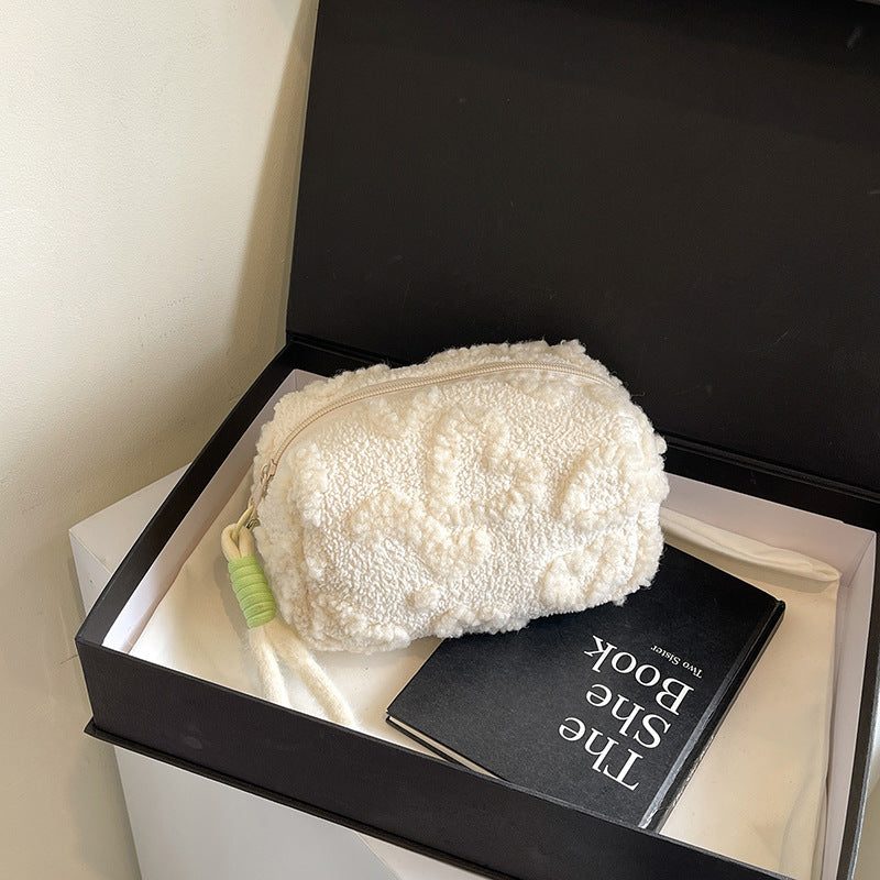 Plush Heart Cosmetic Bag with Wrist Strap and Zipper Closure