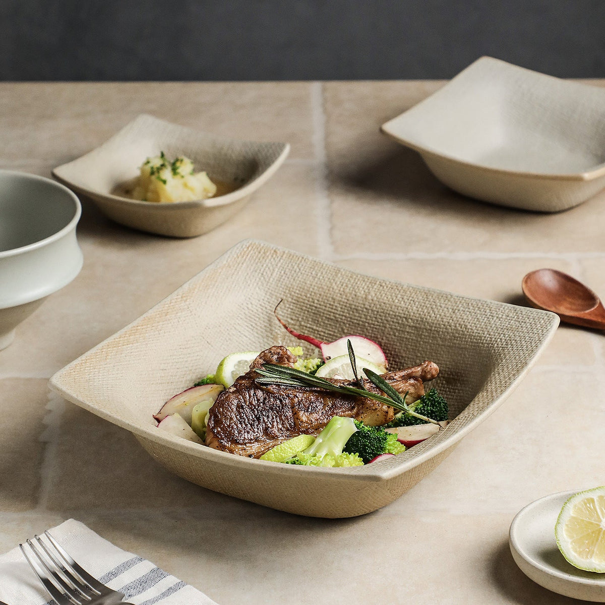 Textured Square Ceramic Bowl, Earthy Beige, 4.5, 6 or 8 Inch