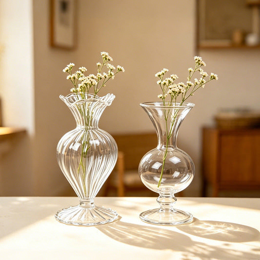 Clear Vintage Flower Vase, Fluted Pedestal Vase for Small Floral Arrangements & Home Decor