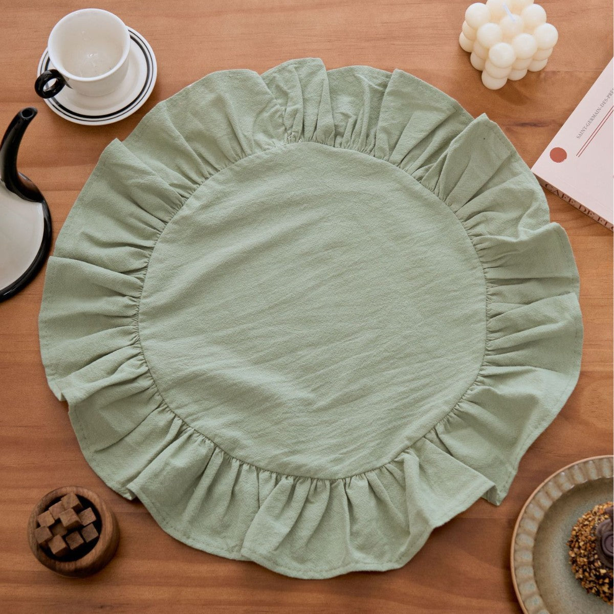 Round Cotton Ruffle Placemat Solid Color Washable Dining Table Mat