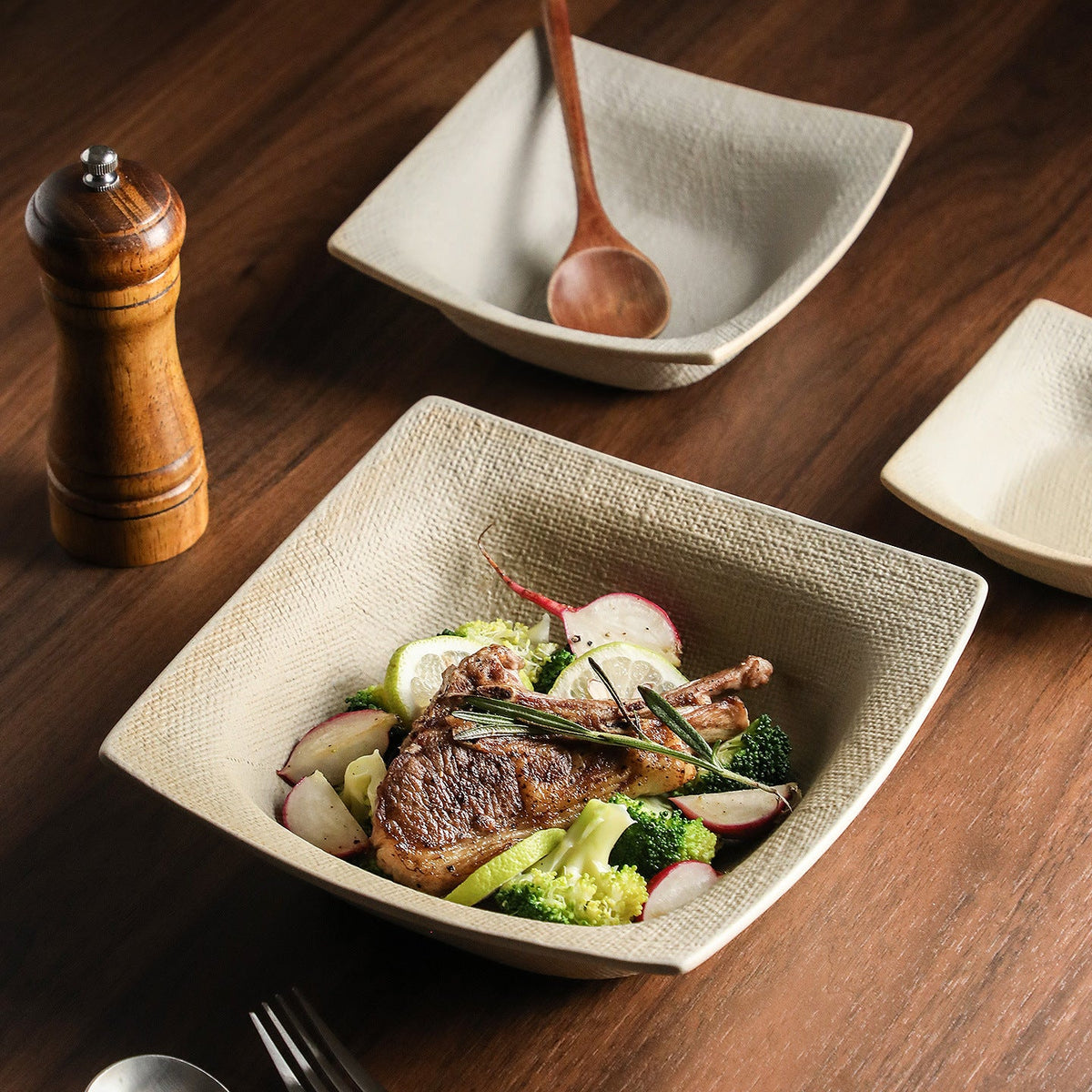 Textured Square Ceramic Bowl, Earthy Beige, 4.5, 6 or 8 Inch