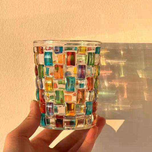 Colorful Mosaic Juice, Whiskey Glass, 270ml Hand-Painted Style Checkered Drinking Tumbler