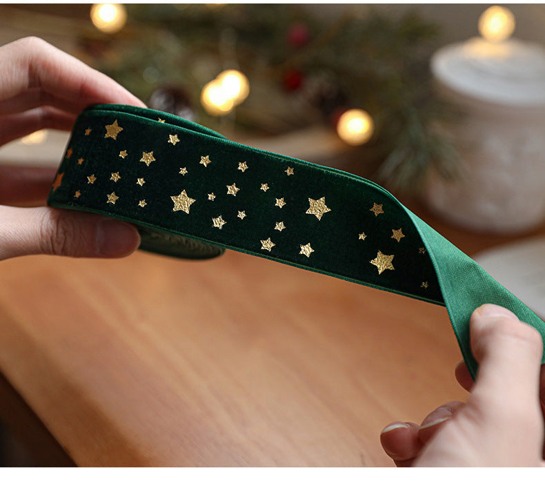 Gold Star Christmas Fabric Ribbon, 4 cm Wide for Gift Wrapping and Holiday Crafts