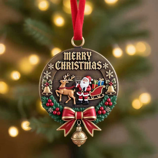 8CM Acrylic Christmas Ornament โ Santa Reindeer Wreath Hanging Decoration with Red Ribbon for Christmas Tree, Holiday Home & Gift Decor