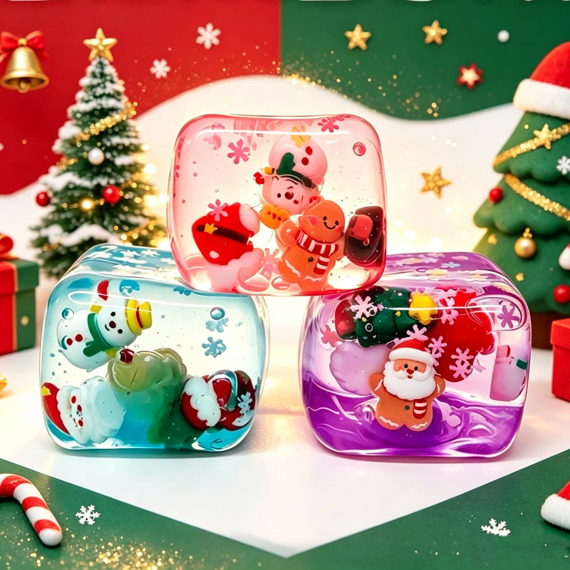 Christmas Squishy Toy – 5.5CM Cute Holiday Sensory Squeeze Block with Mini Christmas Figures, Soft Stress Relief Fidget Toy