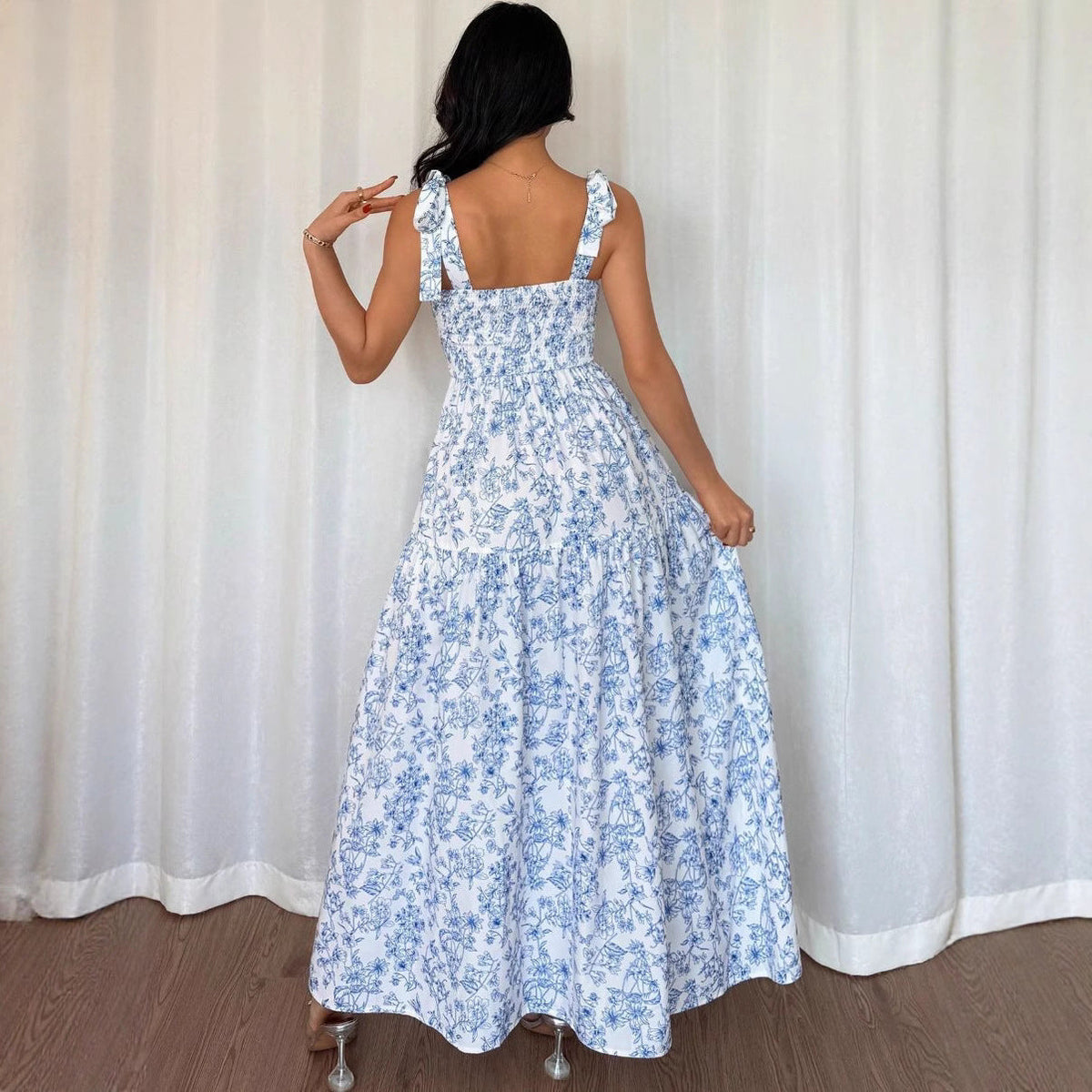 Floral Print Maxi Dress – Blue & White Spaghetti Strap Dress