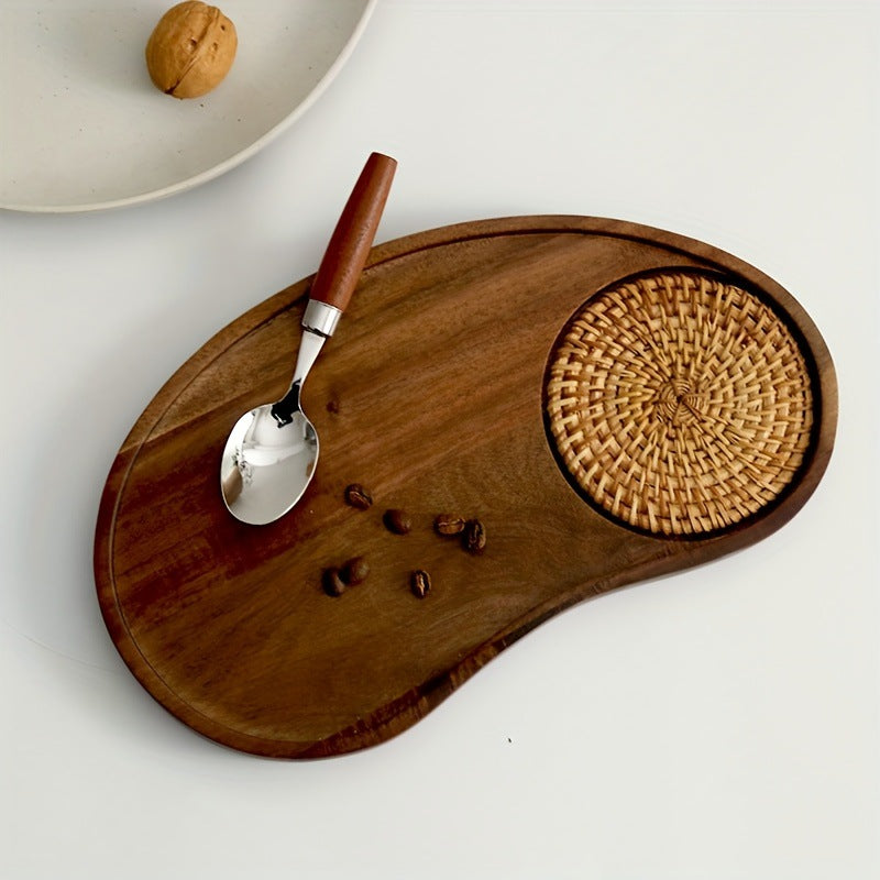 Acacia Wood Serving Tray with Woven Coaster – Irregular Snack & Coffee Tray for Café, Tea, Desserts, Breakfast & Home Table Setting